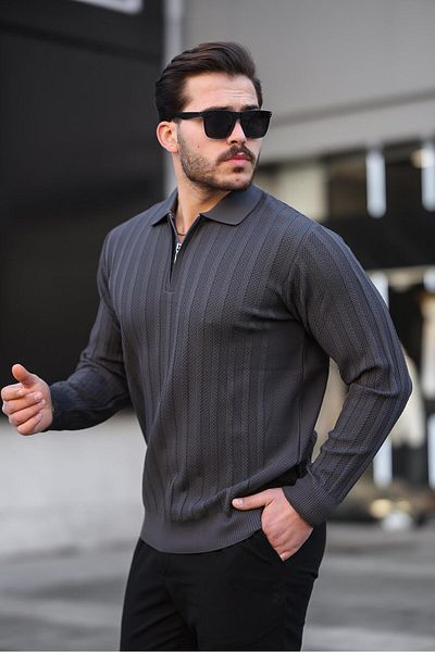 Miron Ribbed Polo Collar Smoked Knitwear Sweater - Honeycomb Texture 2445