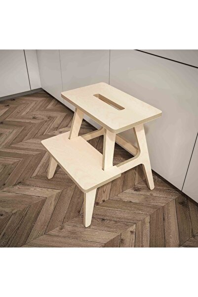 Woodesk Pikola, Ahşap Merdiven, Tabure Ve Raflı Sehpa, Natural Renk, Cpt3001-47