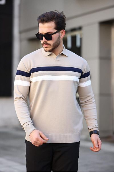 Miron Polo Neck Beige Striped Knitwear Sweater - 2444