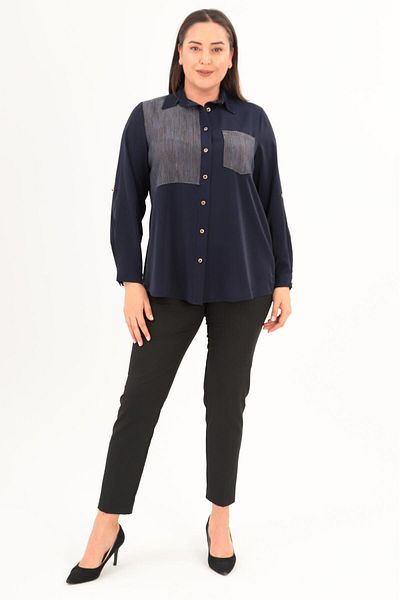 Metpoint Trend42Plus Large Size Silvery Stripe Pocket Navy Blue Shirt