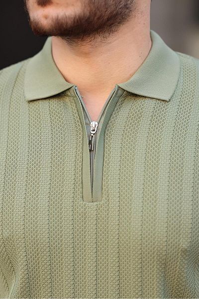 Miron Corded Polo Collar Khaki Knitwear Sweater - Honeycomb Texture - 2445