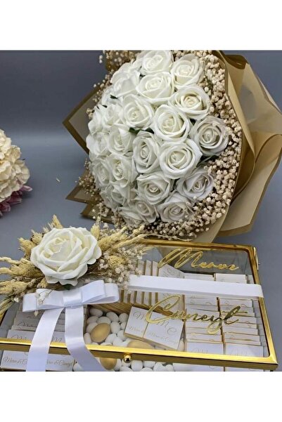 gifthomeshop Yapay Gül İsteme Çiçeği Buketi ve Cam Kutulu İsteme Seti