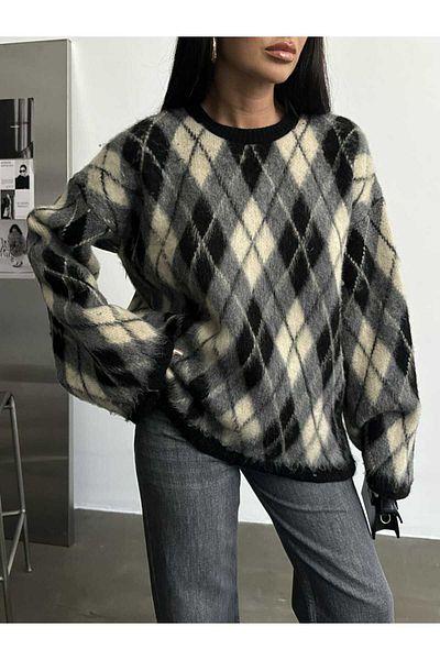 LE CARAMBOLE Pulover de damă, negru, cu model Argyle, sezon nou, cu decolteu triplu