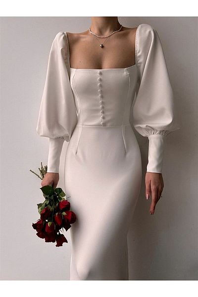OlaLady Rochie creion albă de lungime midi cu detaliu nasturi