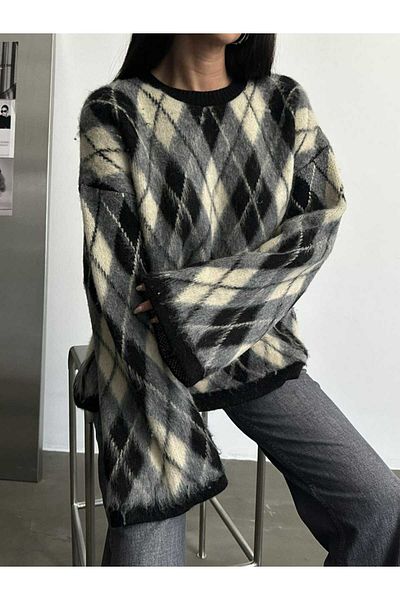 LE CARAMBOLE Pulover de damă, negru, cu model Argyle, sezon nou, cu decolteu triplu