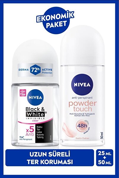 NIVEA Kadın Roll-on Deodorant Powder Touch 50ml ve Mini Roll-on Black&White Clear 25ml, Anti-perspirant