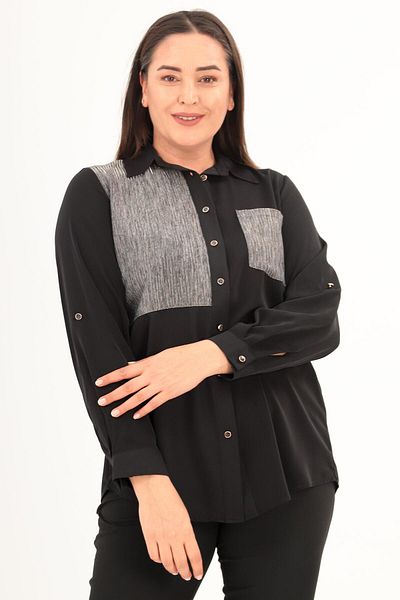 Metpoint Trend42Plus Large Size Silvery Stripe Black Shirt with Pockets
