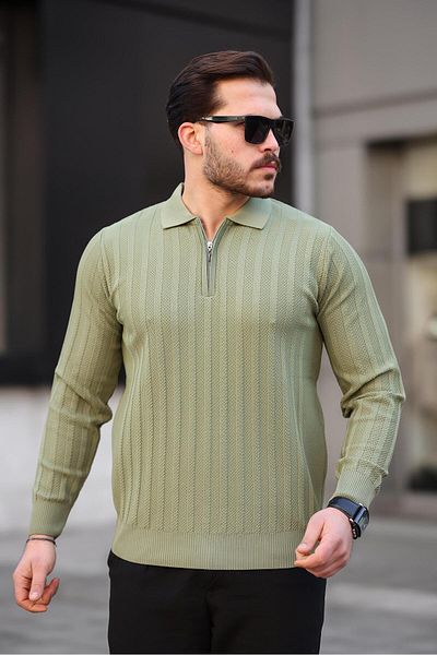 Miron Corded Polo Collar Khaki Knitwear Sweater - Honeycomb Texture - 2445