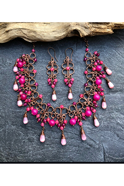 MODA العقيق الحجر الطبيعي اليدوية الأسلاك النحاسية لف قلادة القرط البدلة