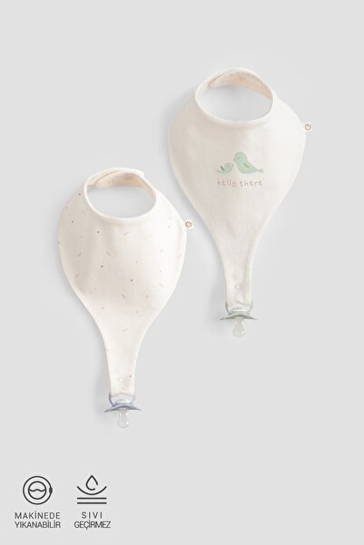 Little Gusto 2'li Organik Pamuk Sıvı Geçirmez Twig Ekru Emzik Tutucu Önlük Seti