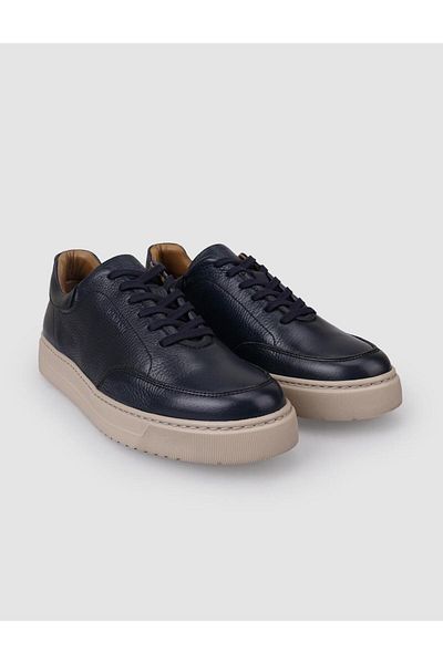 Cabani 100% Genuine Leather Laced Navy Blue Men's Sneakers