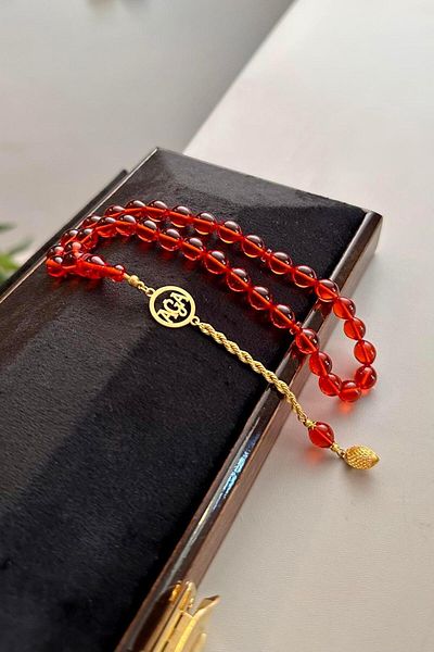 dergah tesbih Ağa Series Gold Design Ankle Length Fire-I Squeeze Amber Rosary