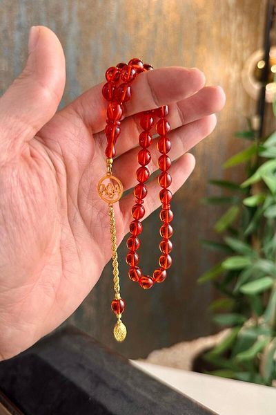 dergah tesbih Ağa Series Gold Design Ankle Length Fire-I Squeeze Amber Rosary