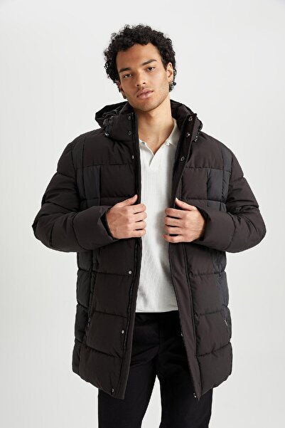 DeFacto Slim Fit Down Coat Parka με κουκούλα με επένδυση από ψεύτικη γούνα - με φερμουάρ και τσέπες U4360az23wn