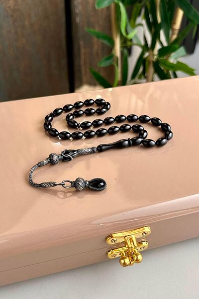 dergah tesbih Silver Kazaz Design Black Clamping Amber Rosary