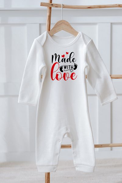 Lilabio 100% Organic Cotton Long Sleeve Valentine's Day Themed Baby Romper Made with Love