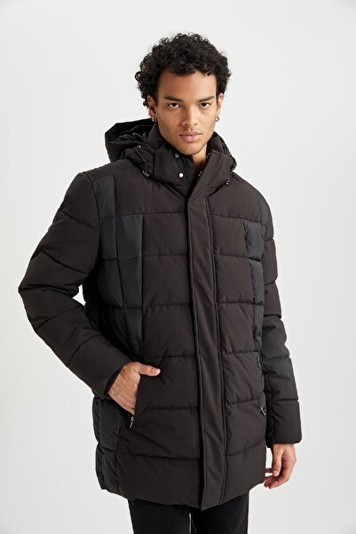 DeFacto Slim Fit Down Coat Parka με κουκούλα με επένδυση από ψεύτικη γούνα - με φερμουάρ και τσέπες U4360az23wn