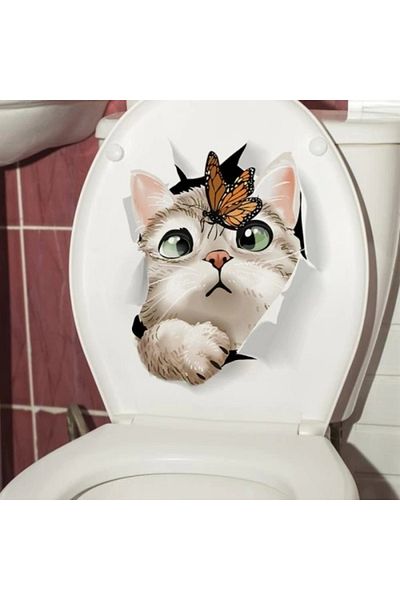 KTYRA52 Decohandy Toilet Seat Label - Cat vs Butterfly Design