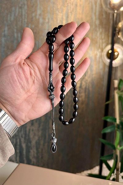 dergah tesbih Silver Kazaz Design Black Clamping Amber Rosary