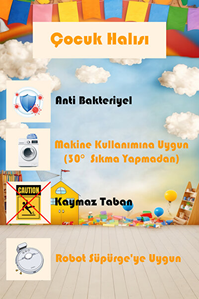 Noble Halı Yollu Oyun Halısı Makinede Yıkanabilir Kaymaz Taban Leke Tutmaz Antibakteriyel Çocuk Odası Halısı