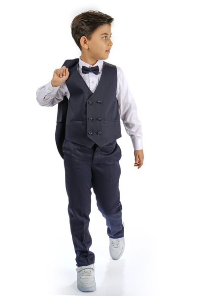 Merdia Erkek Çocuk Damatlık Smokin Takım Elbise Ceket Pantolon Yelek Gömlek Papyon Ve Zincir