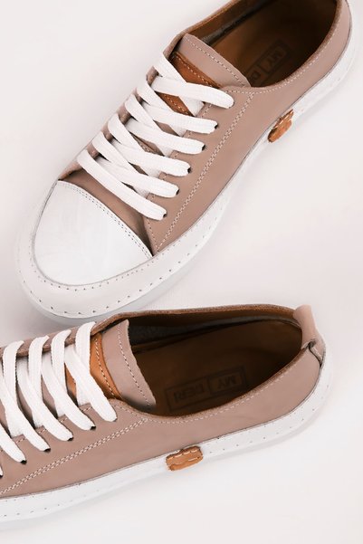 Lal Shoes & Bags Races Women's Genuine Leather Lace-Up Casual Shoes-Beige