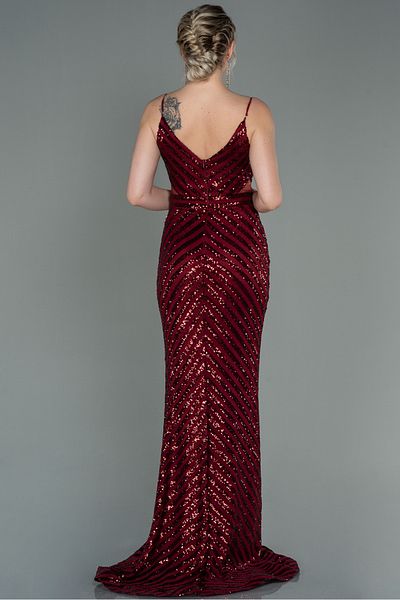 Abiyefon Women's Burgundy Long Sequined Rope Strap Fishnet Evening Dress Abu892