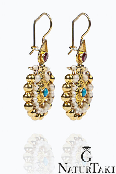 Naturtakı Altın Kaplama Gümüş Sivrihisar Küpesi - Turkuaz Mavi Taşlı İncili Tasarım - El Üretimi