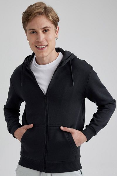 DeFacto Basic Plain Zip-Up Sweatshirt X8331Az23Au with Soft Furry Pocket Inside Hooded Regular Fit