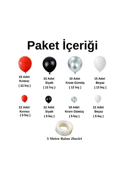 Ata Parti Dünyası Birthday Concept - 100-Piece Chrome Silver, Red, Black, White Balloon Chain Party Set