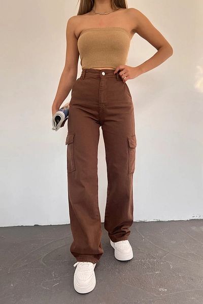 DRC trend Olinn Women's High Waist Brown Cargo Pocket Back Pocketless Extra High Waist Palazzo Jean Pants