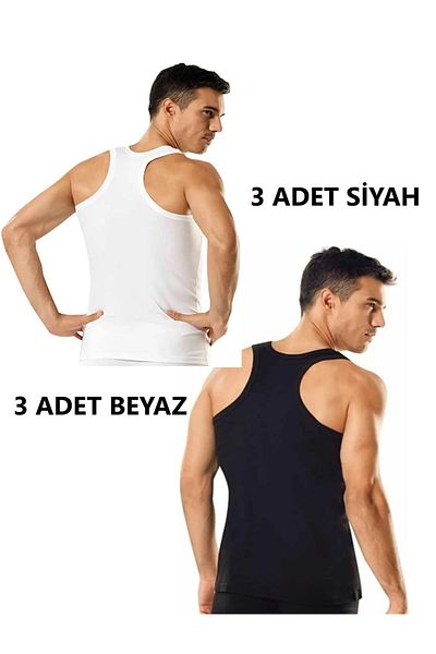 MODA YILDIZ 6 Pack Men's Black and White Ribbed Sportsman (Rambo) Tank Top 100% Cotton -My0001