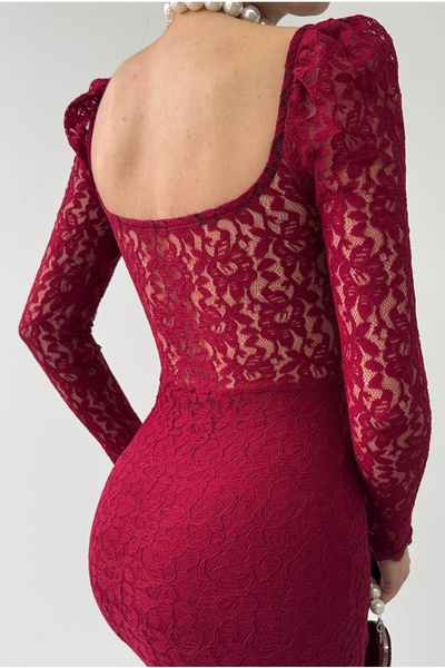 bayansepeti Μίντι φόρεμα με δαντέλα μπορντό με διάφανη λαιμόκοψη και λεπτομέρεια Guipure - 249
