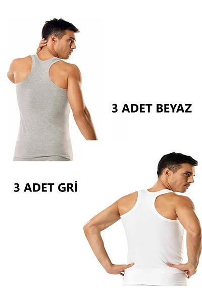 MODA YILDIZ 6-Piece Men's Gray White Ribbed Sportsman (Rambo) Undershirt 100% Cotton -My001