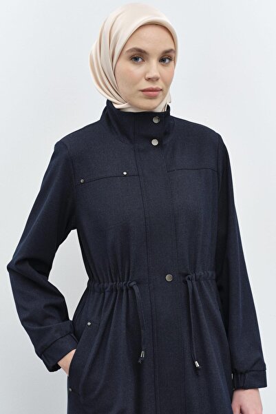 Tuğba Dik Yakalı Bel Bağcıklı Kap - Lacivert