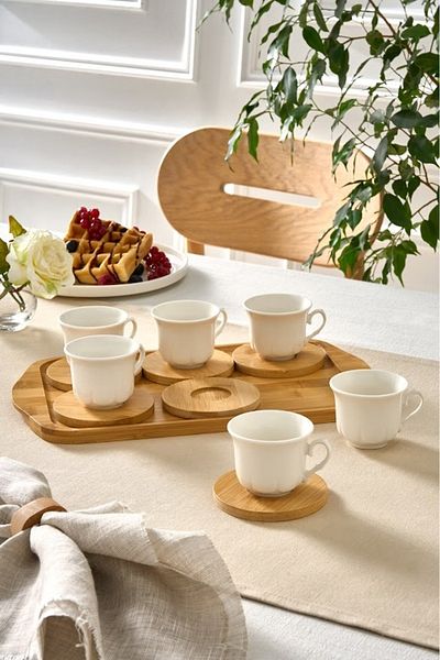 Karaca 6-Person Coffee Cup with Bamboo Tray 90 ml
