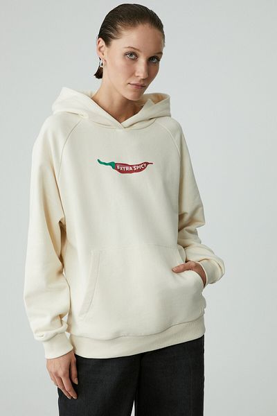 GRIMELANGE Chilli Women's Oversize Raster Hooded Printed Kangaroo Pocket Ecru Sweatshirt
