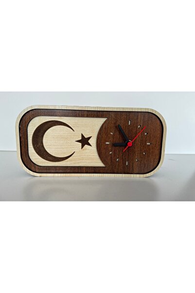 Ay Yıldız(TÜRK BAYRAĞI) Motifli Ahşap Dekoratif El Yapımı Hediyelik Masa Saati