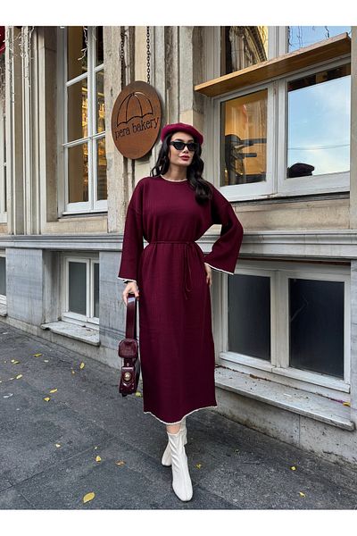 Askı Nişantaşı Rochie de damă din tricot cu curea burgundy