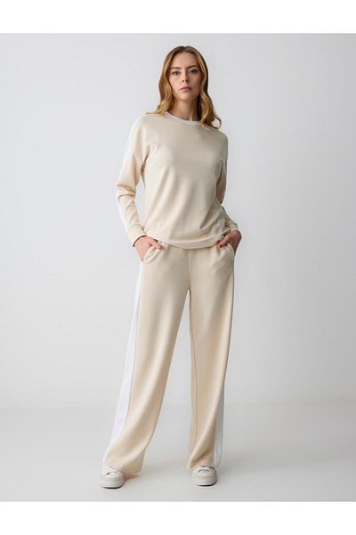 Jimmy Key Light Beige High Waist Relaxed Fit Wide Leg Modal Knitted Trousers
