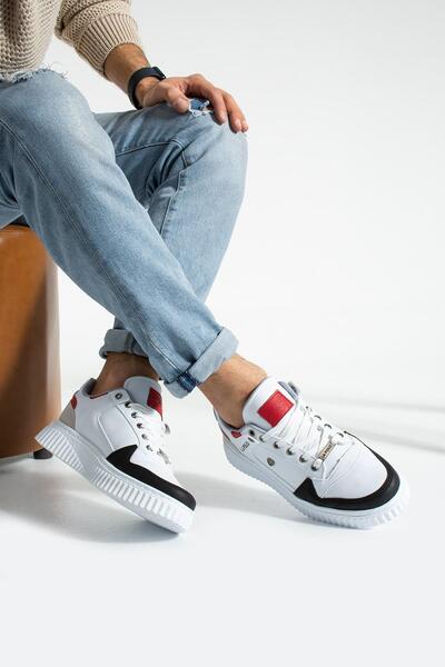 L.A Polo 027 Beyaz Buz Siyah Kırmızı Renk Beyaz Tabanlı Bağcıklı Günlük Erkek Spor Ayakkabı