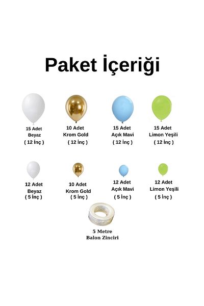 Ata Parti Dünyası Birthday Concept - Chrome Gold, Lemon Green, Light Blue, White 100 Pieces Balloon Chain Set