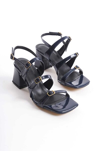 YASEMİN Жіночі темно-сині шкіряні відкриті сандалі з 3 ремінцями спереду і каблуком 6 см - Ginny