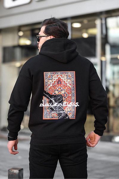 Miron Ethnic Printed Black Oversize Hooded Sweatshirt - 2438
