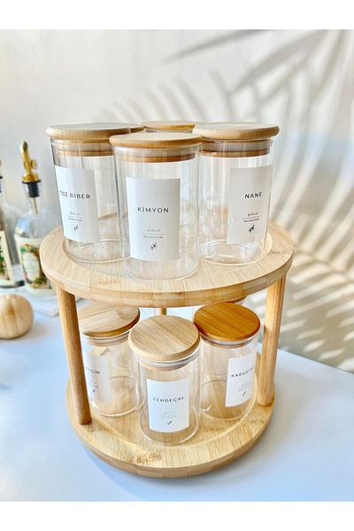 Mottogo Set of 10 Glass Spice Dispensers - Bamboo Swivel, 300 ml Vacuum Lid - 12 Labels