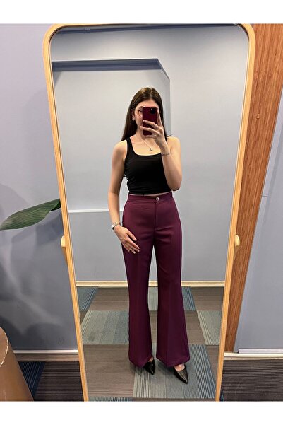 OUZ Fashion Kadın Yüksek Bel Çıtçıt Düğmeli İspanyol Paça Pantolon