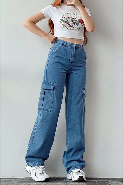 DRC trend Jack Women's Tess Blue Medium Blue Women's Lycra Back Pocketless Model Cargo Palazzo Pants