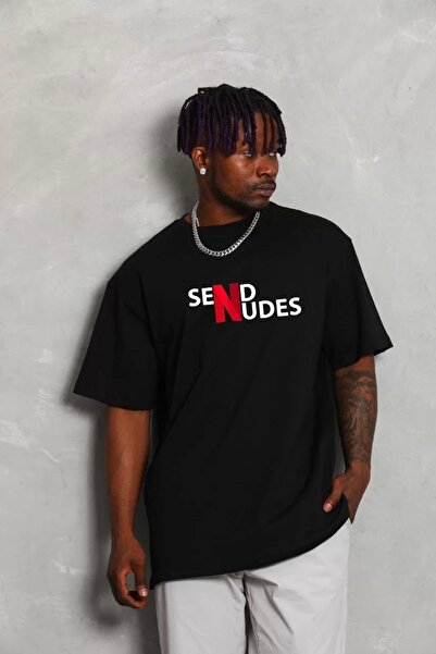 Gökyüzü Moda Unisex Crew Neck Double Oversize Printed T-Shirt - Black