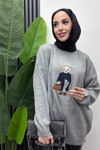Tesettür Diyarı Teddy Bear Patterned Women's Knitwear Sweater - Crew Neck