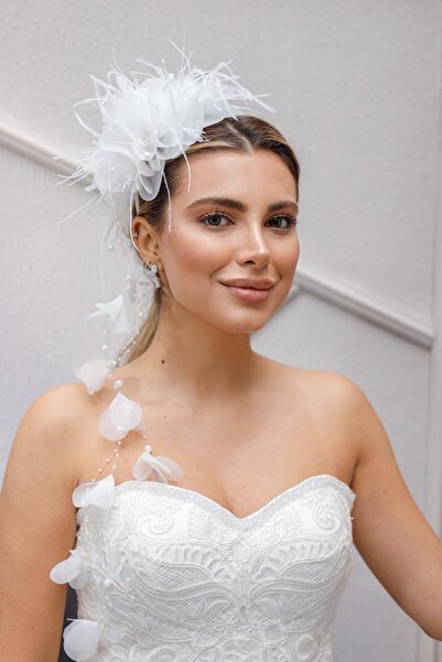Turkuaz Gelin Saç Aksesuarı/Düğün Nikah Çiçek Otriş Beyaz Gelin Taç